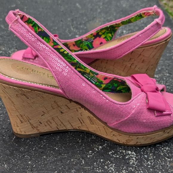 Sperry Topsider 7m Cork Wedge Pink Sequin High Heel - Picture 3 of 9